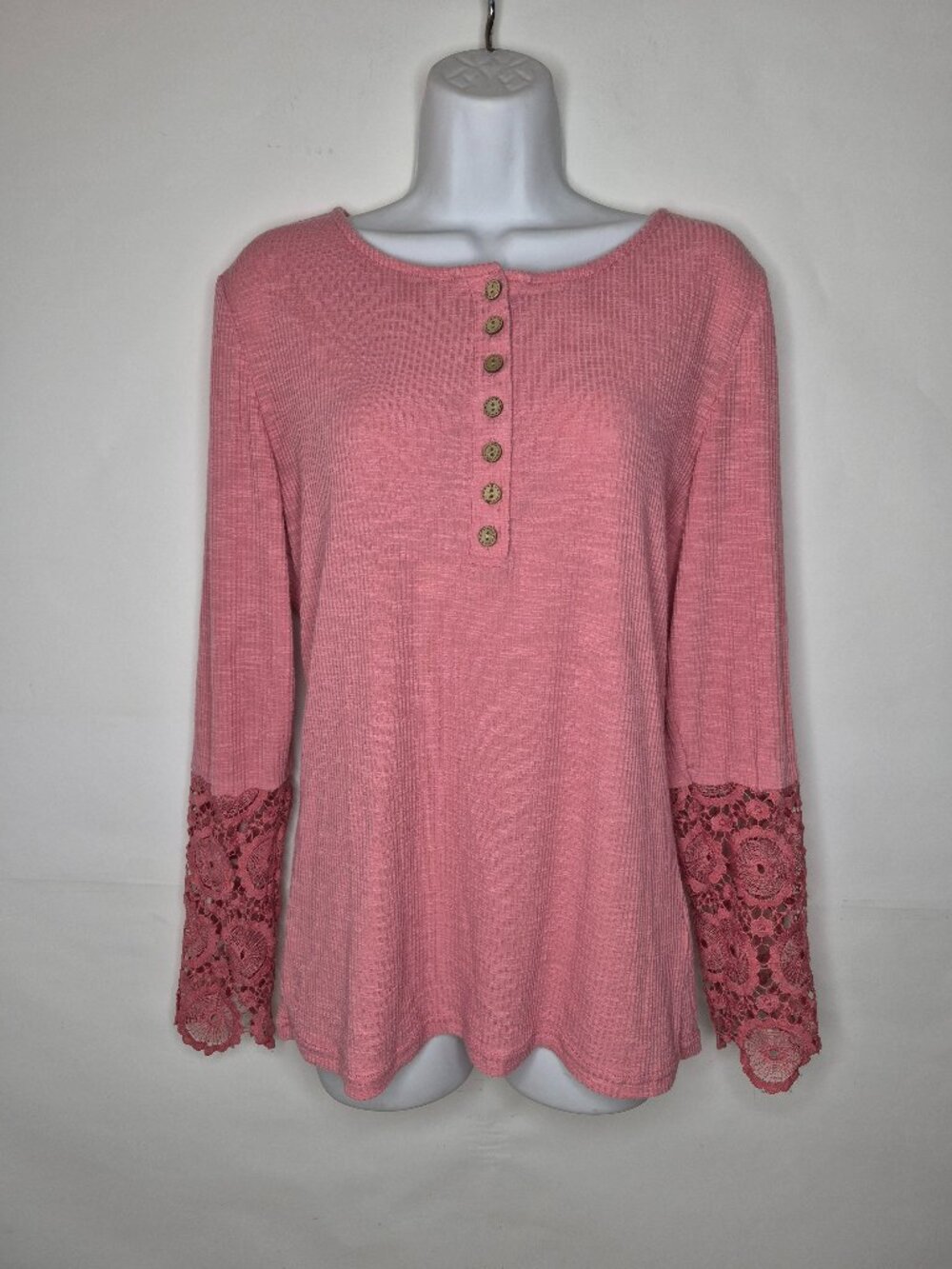Kancystore Womens M Long Sleeve Lightweight Lace Ribbed Pink Rose Pullover Shirt